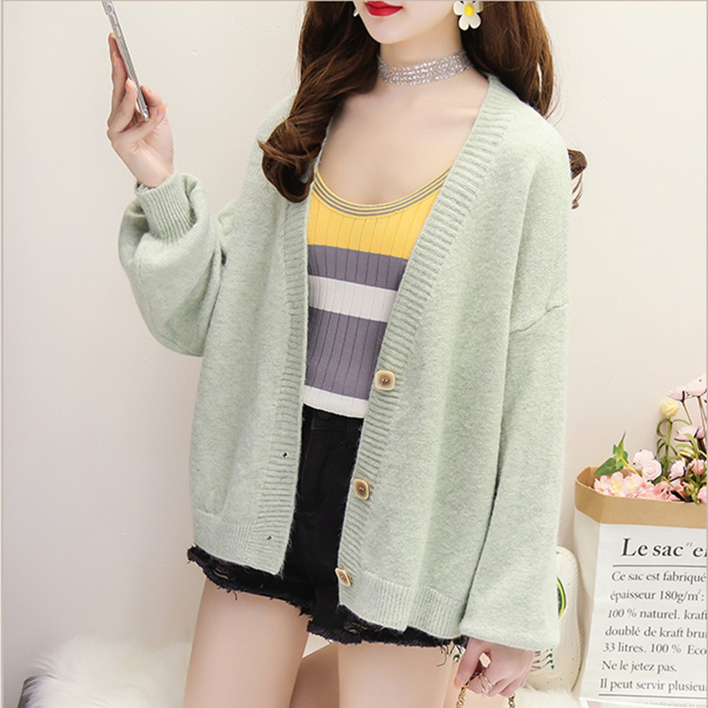 New [Hàng đẹp] 💖Áo Cardigan khoác len basic dáng ngắn cổ chữ V, tay bồng hàng quảng châu cao cấp Mua Hàng Ngay