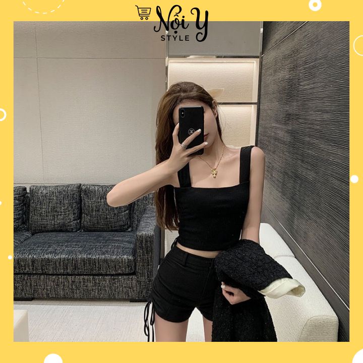 Áo 2 Dây Bản To Cổ Vuông Màu Trơn Cho Nữ Dáng Ôm Phong Cách Hàn Siêu Hot