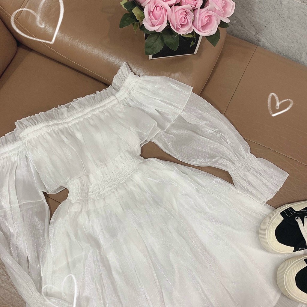 |Có Ảnh Thật| Váy Dáng Xoè Tay Dài Trễ Vai Nhún Eo Voan Bóng Ulzzang Siêu Xinh