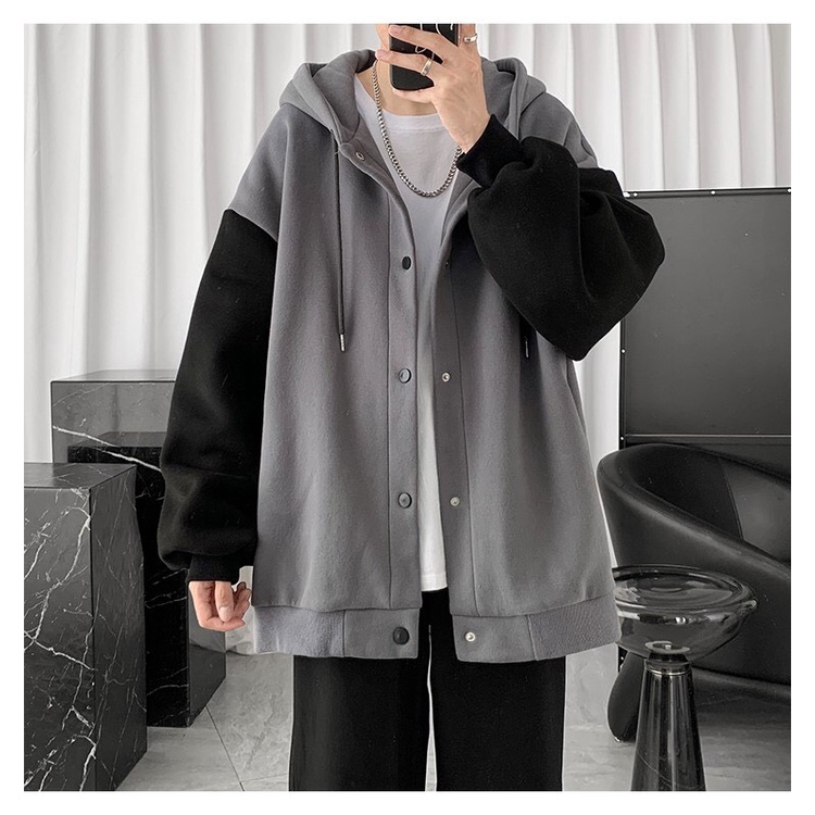 Áo khoác mũ bomber phối đen ghi