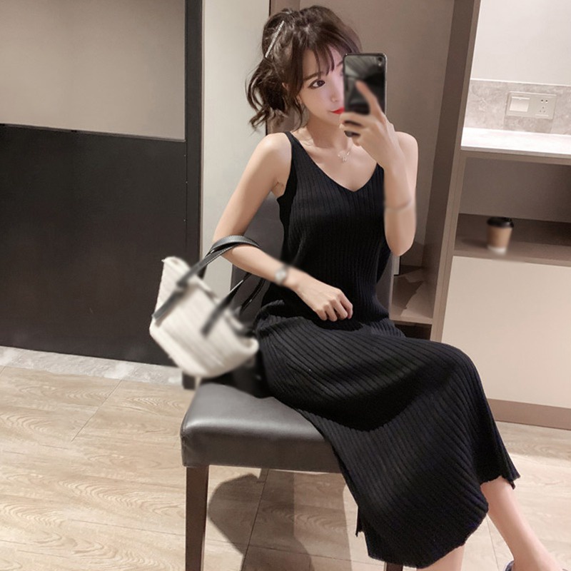 Đầm Maxi Dệt Kim Không Tay Cổ Chữ V Màu Sắc Trơn Thời Trang Dành Cho Nữ