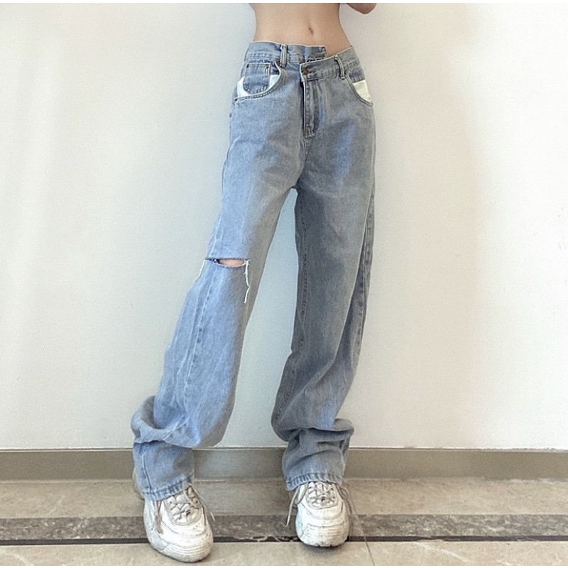 Quần Jeans Xanh Nút Lệch Rách Ống Rộng Phong Cách Ulzzang Hàng Nhập Không May Lại Hot Trend 2022