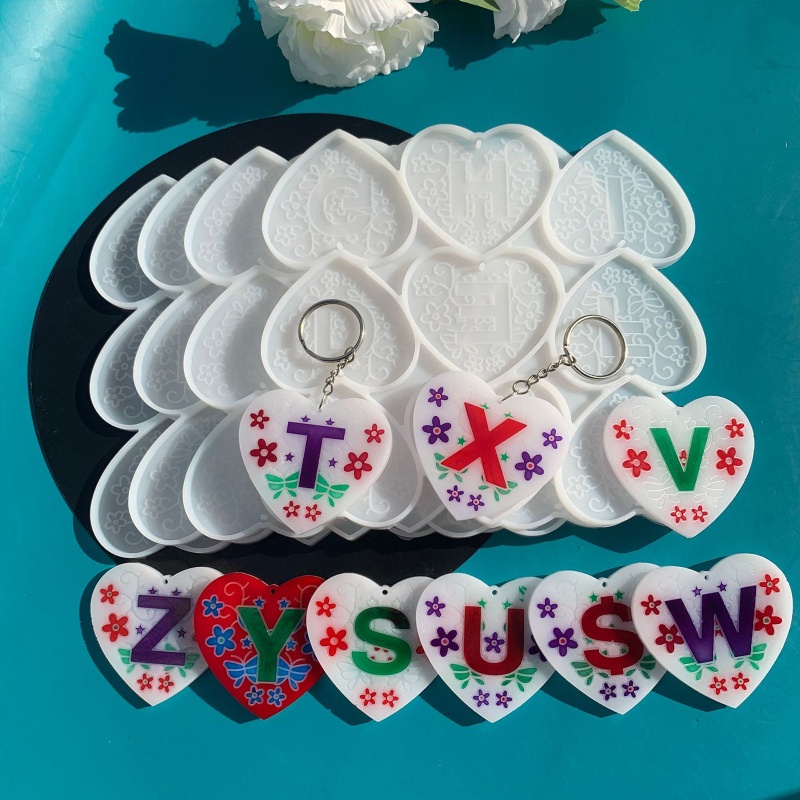 Sa Khuôn Silicon Làm Móc Khóa / Bông Tai DIY Hình Trái Tim / Chữ Cái Tiếng Anh