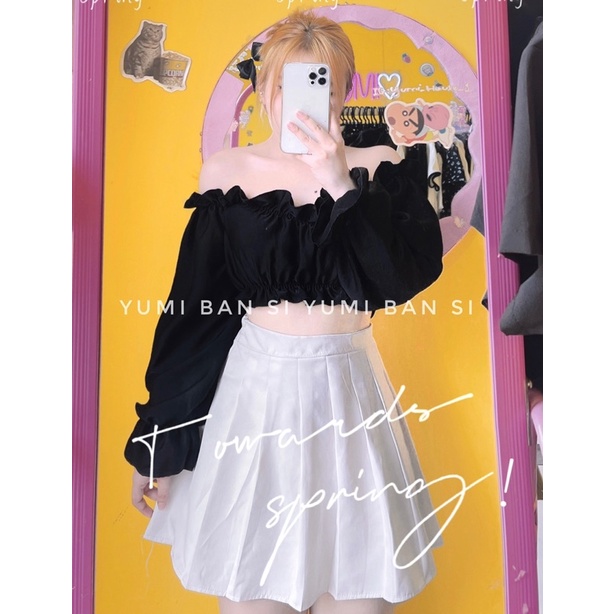 Áo Croptop Bèo Cổ V Tay Dài Cột eo Siêu Xinh