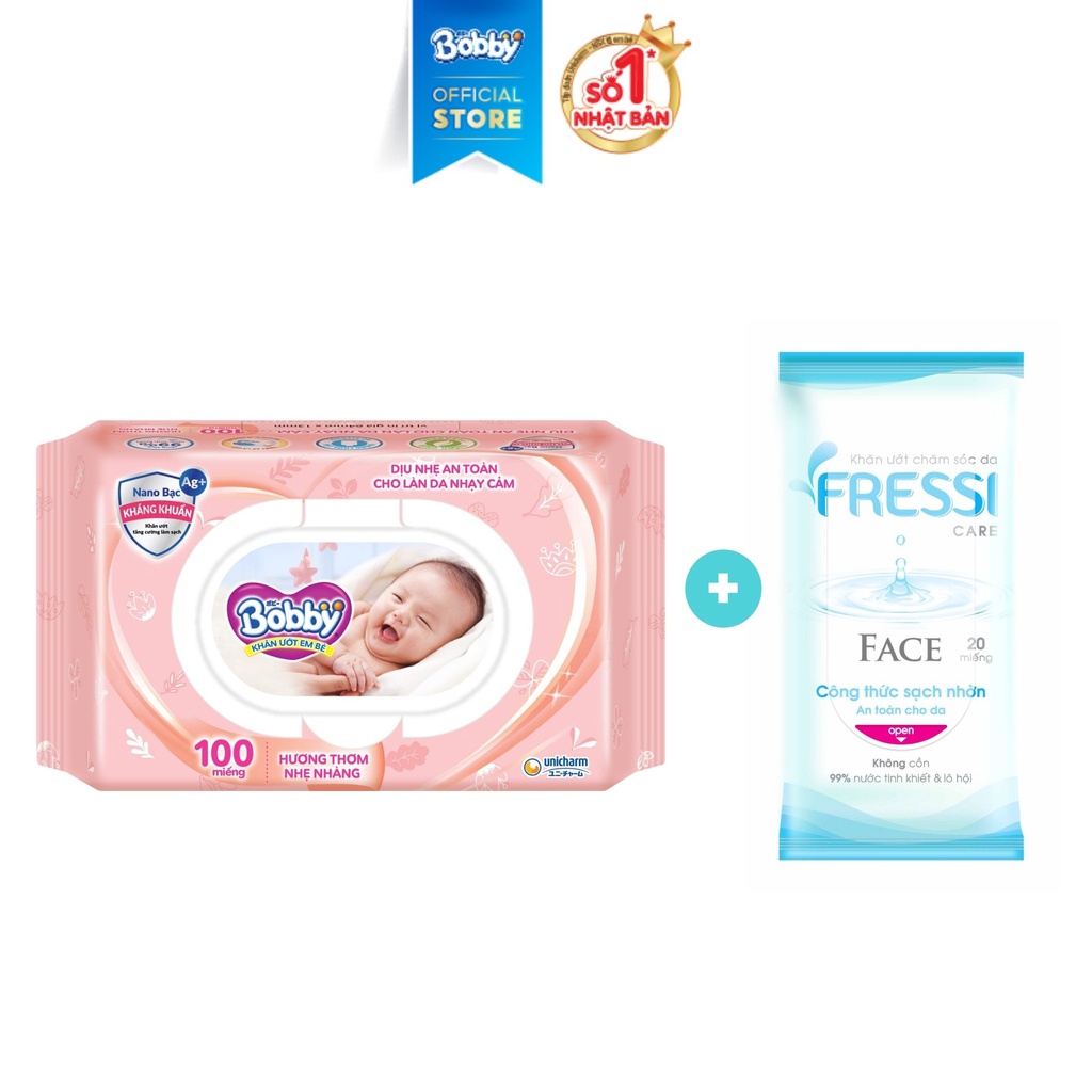 [Tặng 1 gói Khăn Ướt Fressi Cool 20 Tờ/Gói] Khăn ướt Bobby Care hương thơm nhẹ nhàng 100 miếng (Hồng)