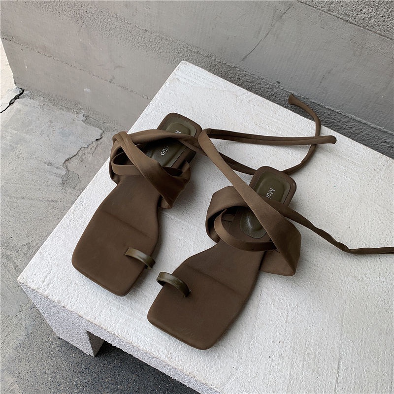 Giày cao gót vừa dày dặn mũi vuông phối dây phong cách cổ tích La Mã thời trang mùa hè cho nữ