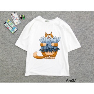 Áo Thun Nam Nữ Tay Lỡ Unisex Phông Trơn Oversize Form Rộng Basic Tee Hình mèo ôm cá