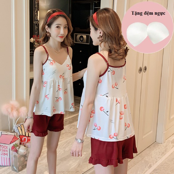 Bộ ngủ 2 dây cotton có lót đệm mút  ngực họa tiết cute mặc nhà phong cách hàn quốc B2DN01