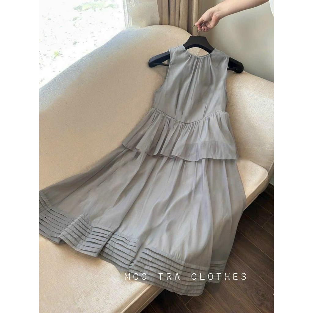 Đầm maxi tơ dáng xòe dài Quảng Châu thiết kế peplum cổ tròn tiểu thư rẻ đẹp, Váy xòe nữ đi biển vintage trẻ trung
