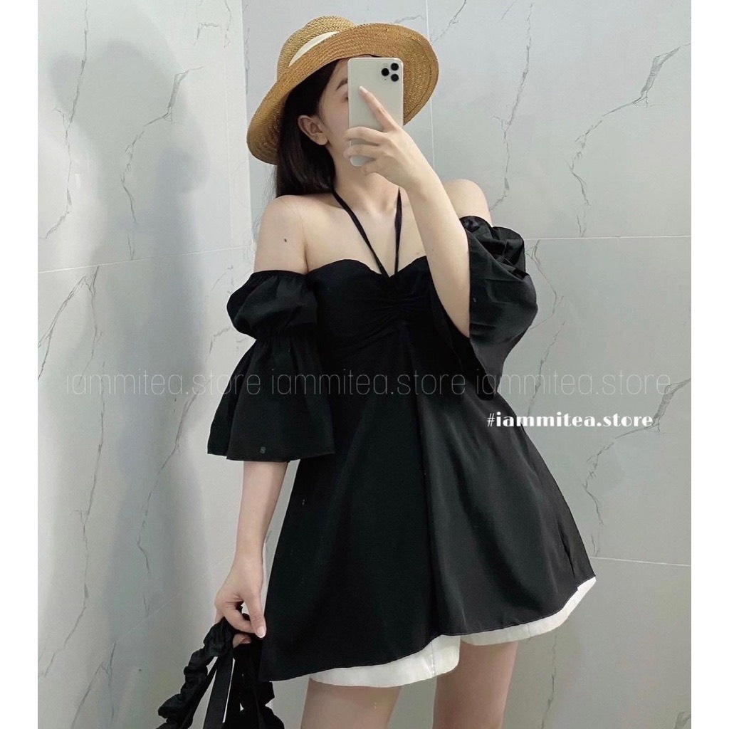 Đầm Trễ Vai Tay Bồng Dáng Xòe Chữ A Rút Dây Giữa Ngực Tiểu Thư So Cute D039 | BigBuy360 - bigbuy360.vn