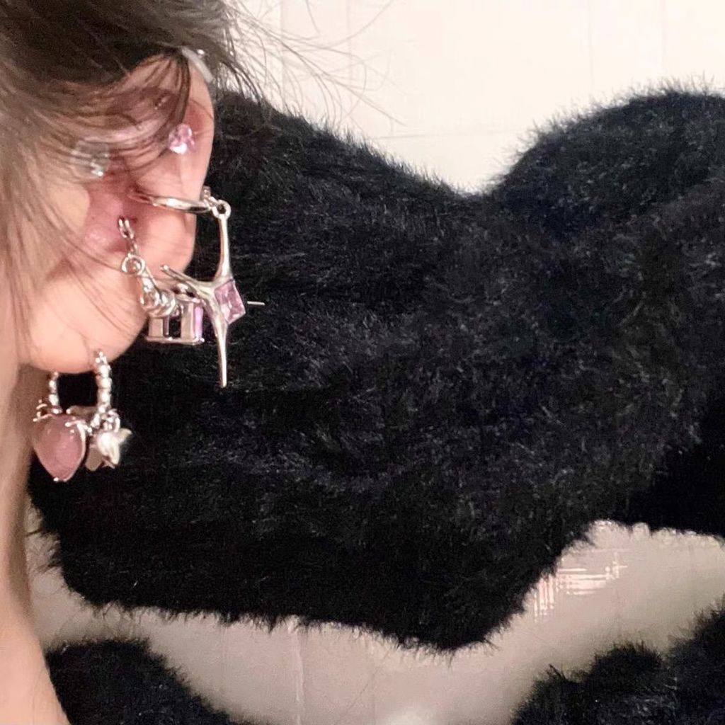 Khuyên Kẹp Vành Tai Hình Ngôi Sao Màu Hồng Đính Đá Phong Cách hip hop ins niche Đơn Giản