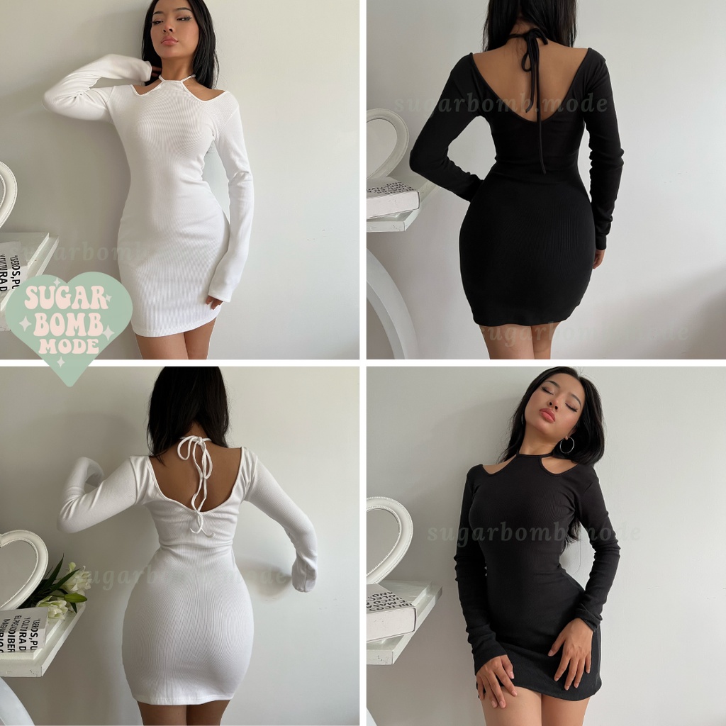 Đầm Body Sexy Hở Lưng Hở Eo Váy Ôm Cổ Yếm Hở Vai Cột Dây Quyến Rũ Sang Chảnh Màu Trắng Thun Sugarbomb.mode Trắng, Đe