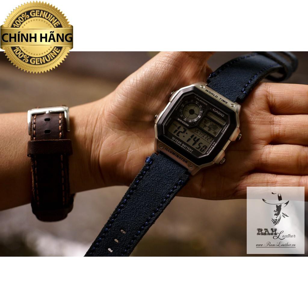 (TẶNG KHÓA+CHỐT+CÂY THAY DÂY)DÂY ĐỒNG HỒ CASIO AE1200/SEIKO 5 DA BÒ THẬT 1963 XANH COBAN .