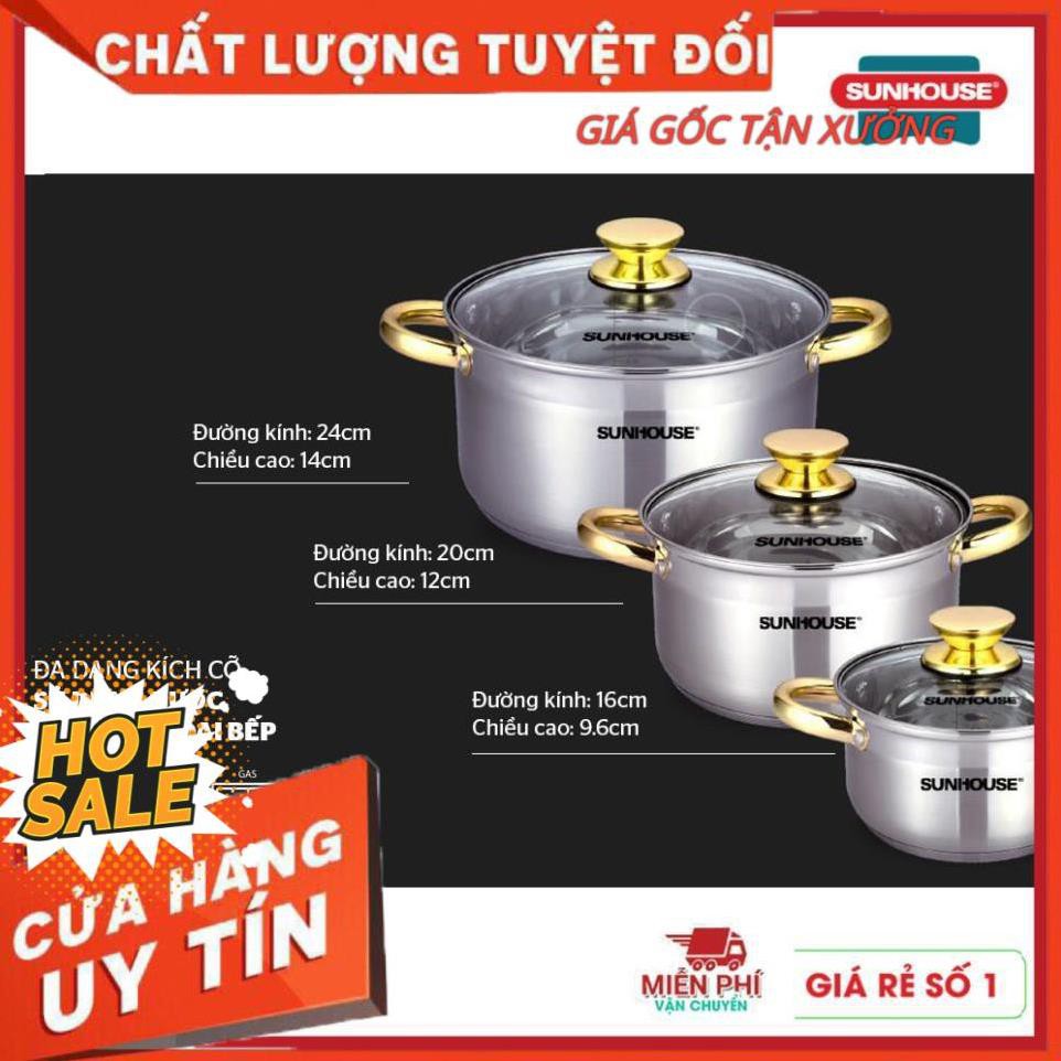 [Size 16,20,24cm] Bộ nồi inox 5 đáy Sunhouse SH781 dùng mọi loại bếp từ bếp gas bếp hồng ngoại