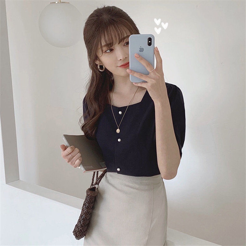 Áo sơ mi RENJIANVSHENG 168521 tay ngắn vải lanh cotton màu trơn cổ vuông dáng rộng đơn giản hợp thời trang