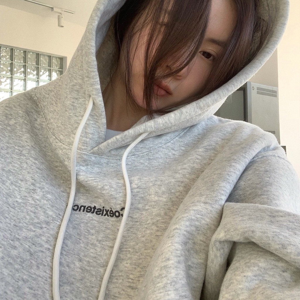 Porozi  Áo hoodie tay dài dáng rộng in chữ phong cách Hàn Quốc cho nữ