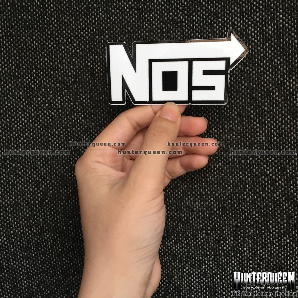 Logo NOS[9.1x4.1cm] trắng nền đen. Hình dán decal siêu dính, chống nước, tem đua trang trí