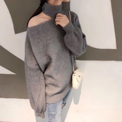 ♥Áo Sweater dệt kim tay dài dáng rộng trễ vai thiết kế quyến rũ cho nữ