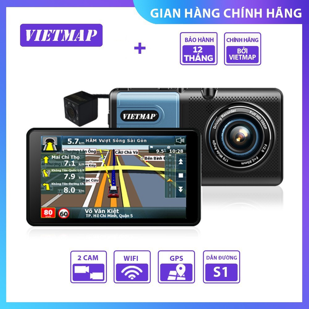 Camera hành trình ô tô Vietmap A50 màn hình 5" - Vừa dẫn đường vừa ghi hình trước sau Full HD