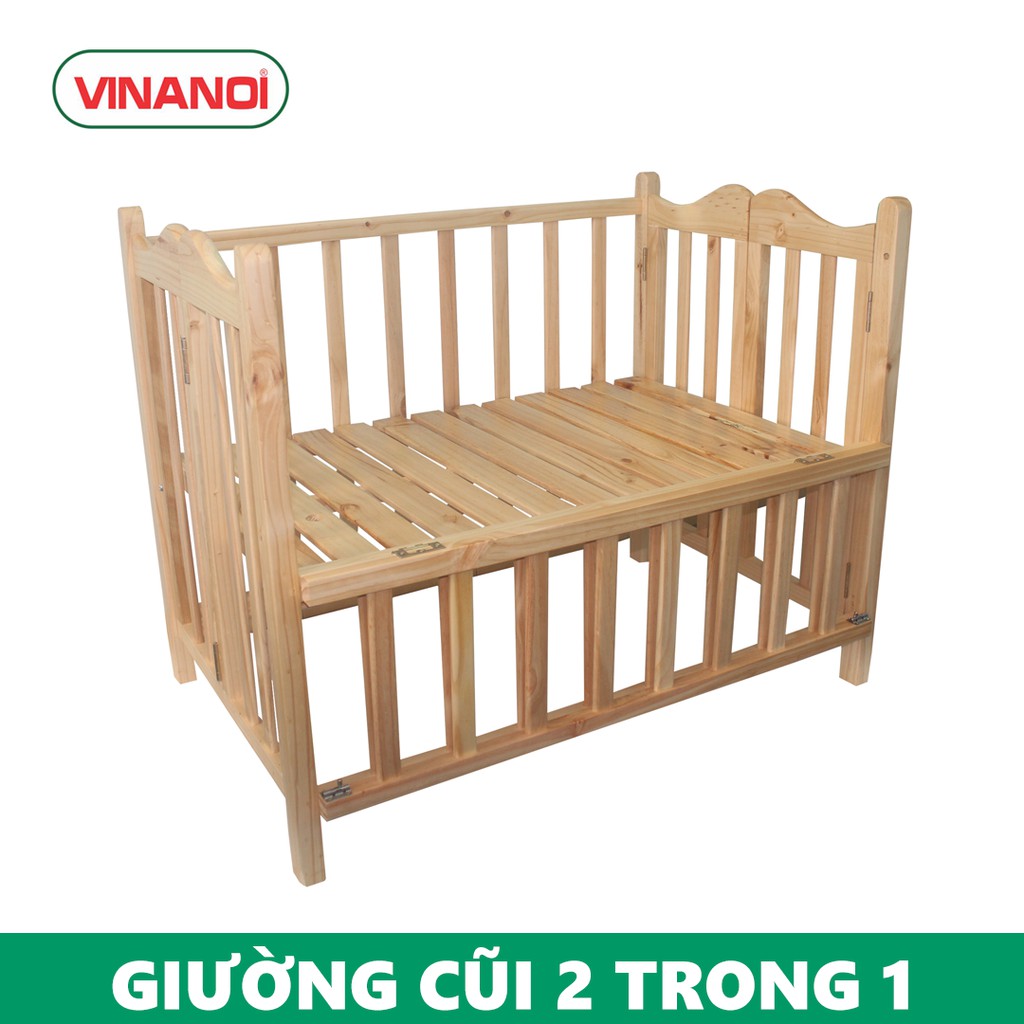 Giường Cũi Gỗ Thông Cao Cấp Cho Bé VINANOI - VNC107 - Có Bánh Xe Di Chuyển Tiện Lợi - Vừa Làm Giường Vừa Làm Cũi Cho Bé