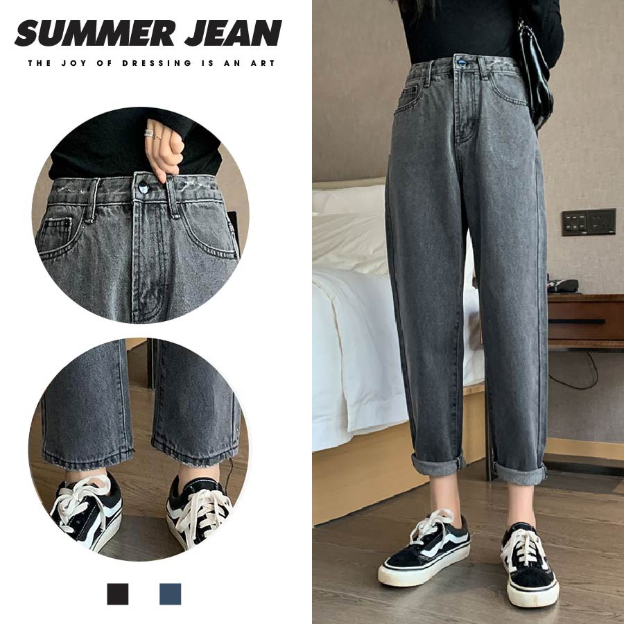 Quần jean ống suông rách gối dáng rộng màu xám Kèm Hình Thật