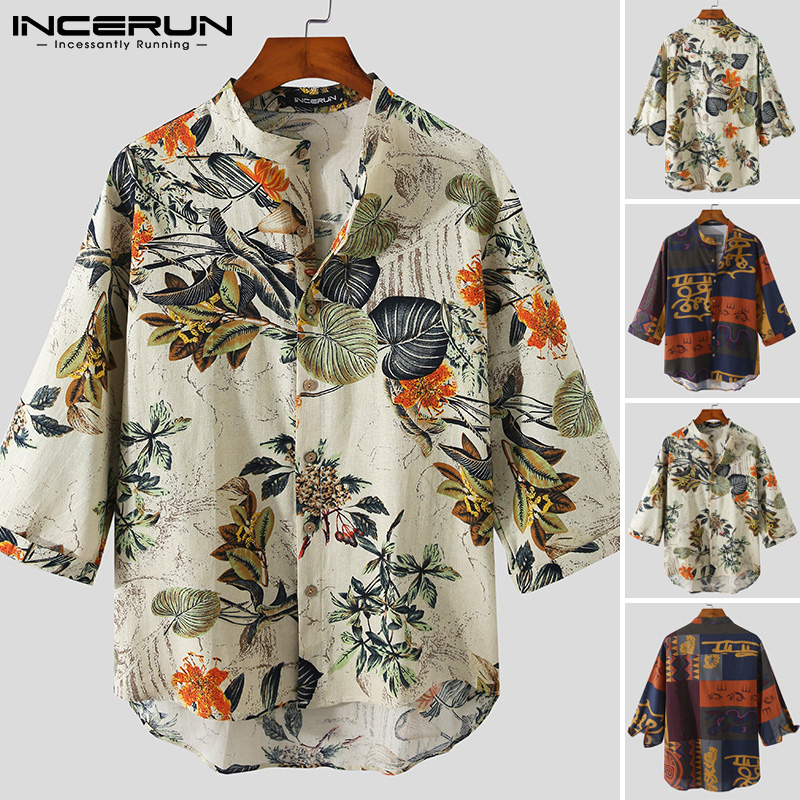 INCERUN Mens Casual Pure Cotton Loose Floral Half Sleeve Shirts Button Up Tops