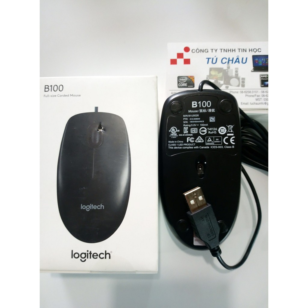 Chuột máy tính Logitech B100 Optical - Chuẩn cắm USB - Dây dài 1.8M