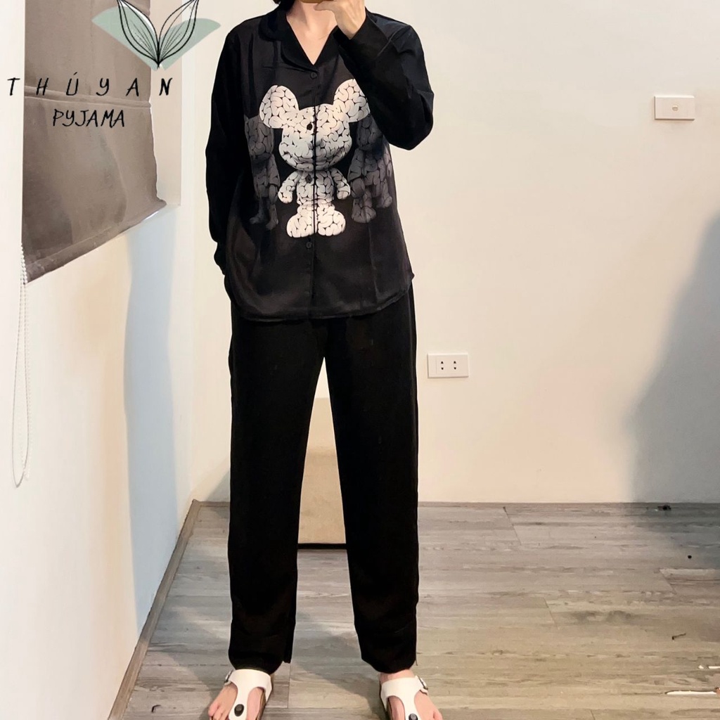 Bộ Pijama nữ bigsize tai chuột trắng tay dài chất lụa Mango ko nhăn dành cho nữ, mẹ bầu 60 -90kg