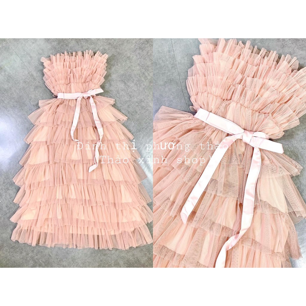Váy hồng dự tiệc trễ vai cúp ngực công chúa xếp bèo tầng thắt nơ eo thảo xinh shop
