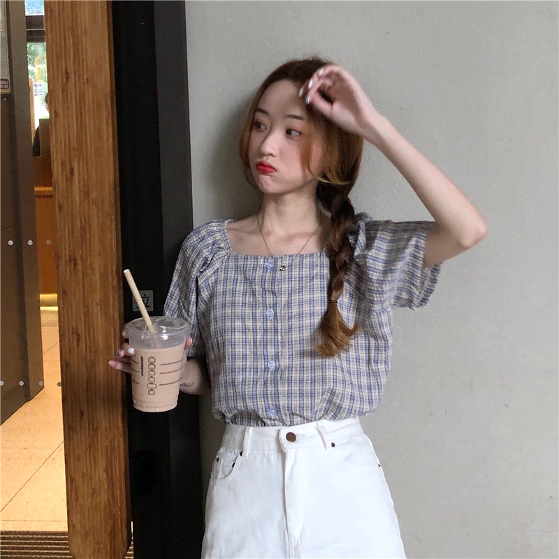 Áo Kiểu Cổ Vuông Tay Phồng Kẻ Sọc Thời Trang Mùa Hè Cho Nữ
