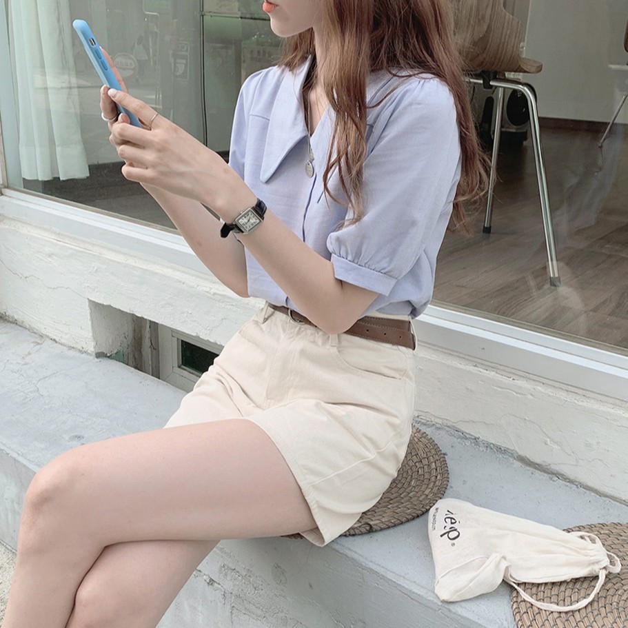 Áo Sơ Mi Ngắn Tay Cổ Chữ V Trơn Màu Xinh Xắn Cho Nữ 34969 | BigBuy360 - bigbuy360.vn