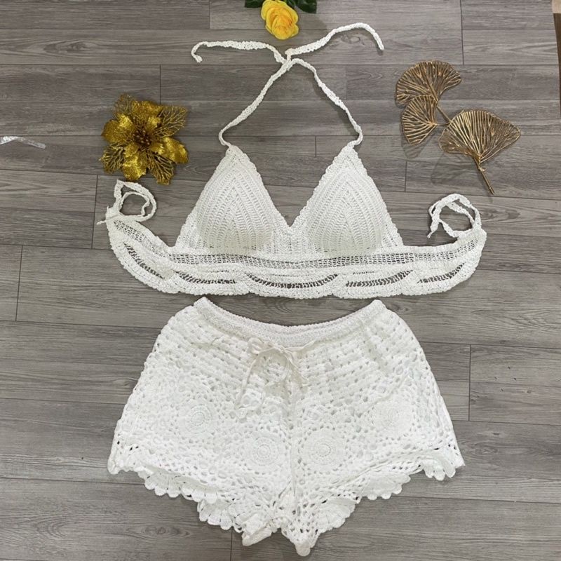 Set biển - set 2 món - bra sóng + quần hoa lưới vuông
