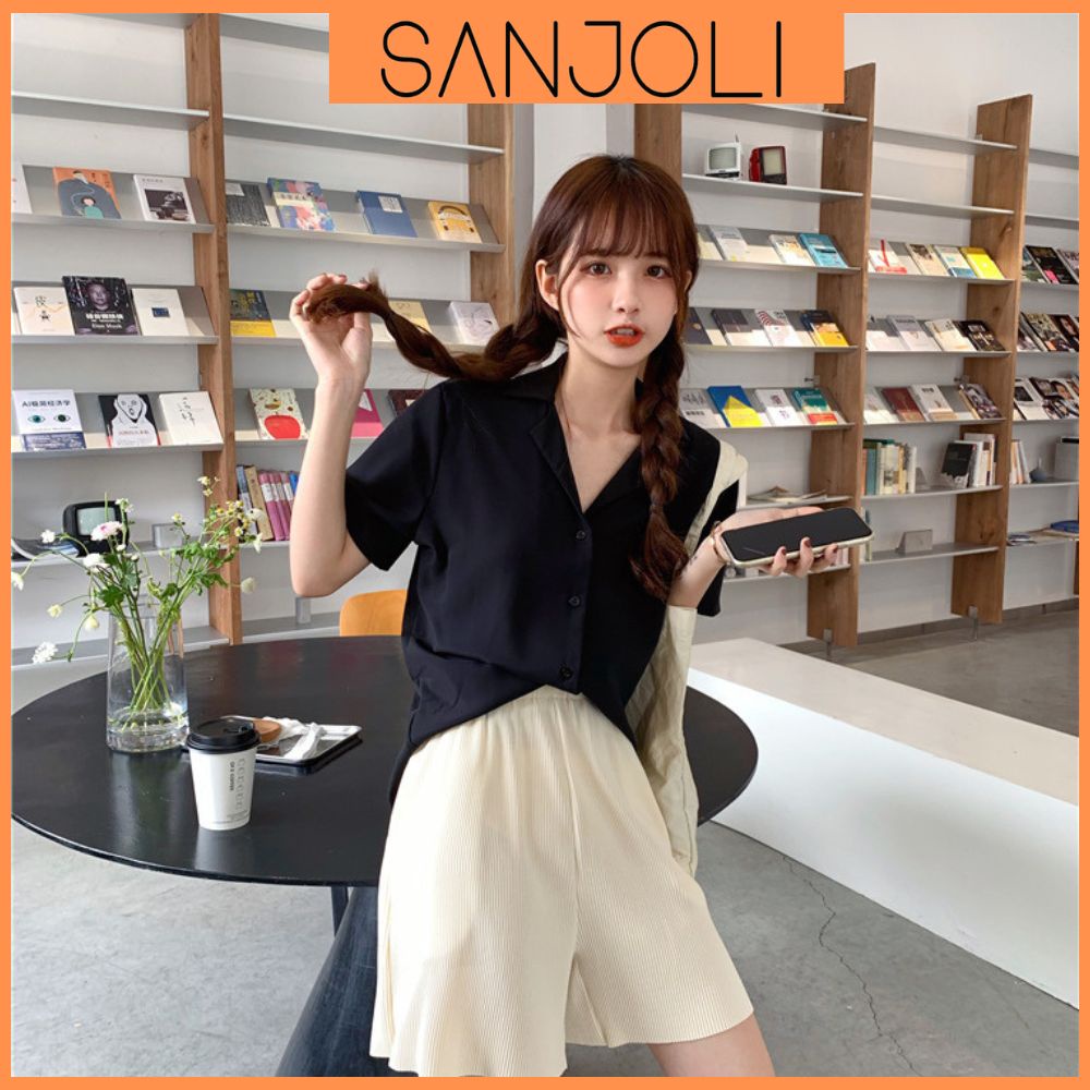 Áo sơ mi nữ Hàn Quốc form rộng SANJOLI Áo Sơ Mi công sở tay lỡ cộc tay kiểu đẹp, trắng đen nhiều màu cao cấp AO003