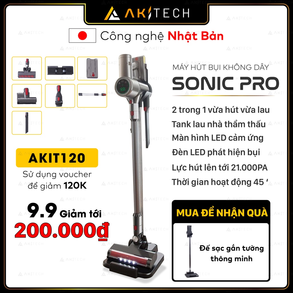 Máy hút bụi lau nhà cầm tay không dây AKI SONIC PRO hút bụi nhà cửa, giường nệm, xe hơi công suất 25000PA