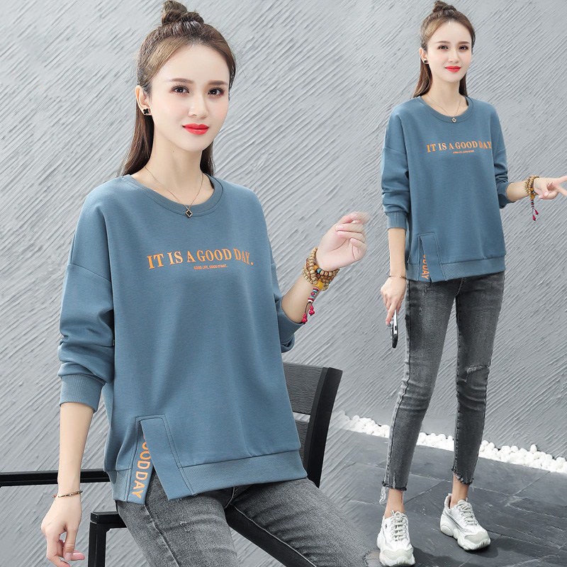 Áo thun tay dài cổ tròn dáng rộng thời trang mùa thu cho phụ nữ trung niên