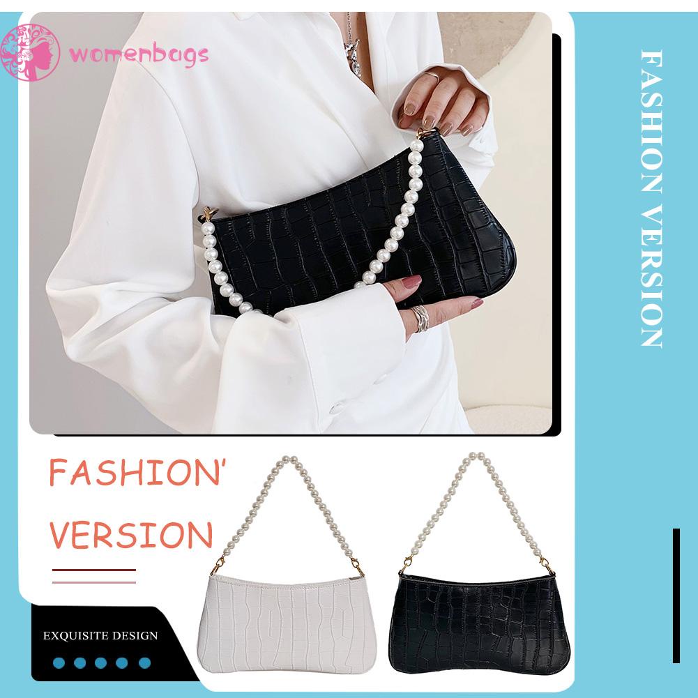Túi Xách Kẹp Nách / Đeo Dưới Cánh Tay Bằng Da Pu Vân Cá Sấu Màu Trơn Đính Ngọc Trai Tinh Tế Cho Nữ