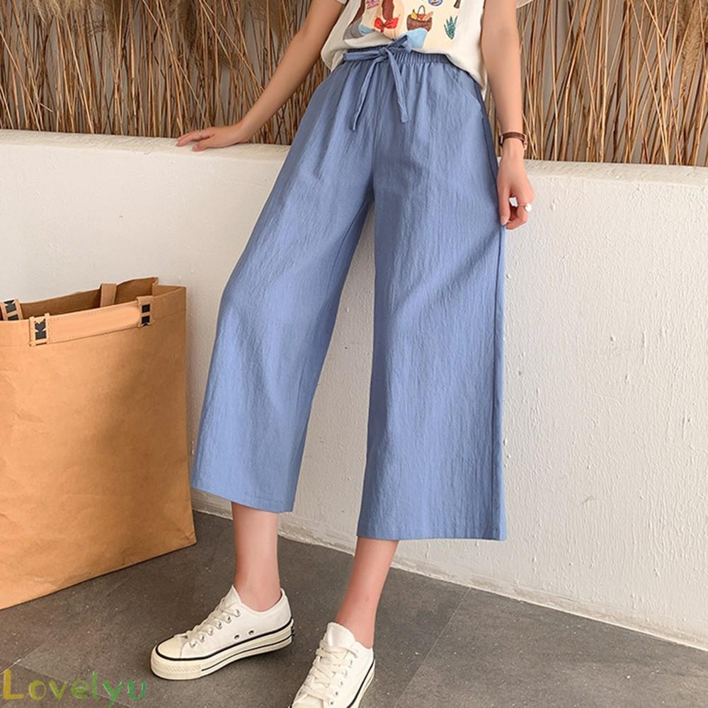 Quần Dài Ống Rộng Vải Cotton Mỏng Phối Dây Rút Và Túi Thời Trang Mùa Hè