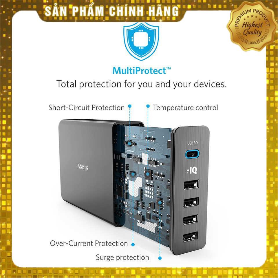 Cóc củ sạc nhanh 60W 4 cổng IQ USB & 1 cổng PD Type-C chính hãng Anker PowerPort +5 (Max 3A / Type-C và 2.4A / USB)