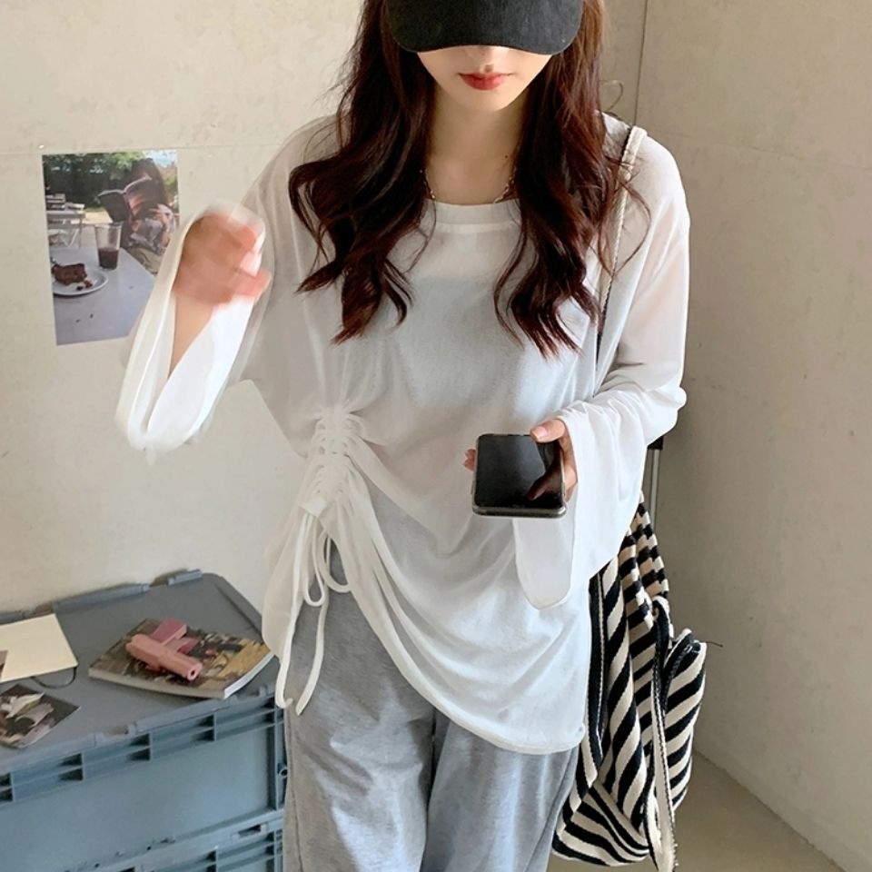 Áo dệt kim dài tay thiết kế dáng rộng phối dây rút thời trang mùa hè cho nữ