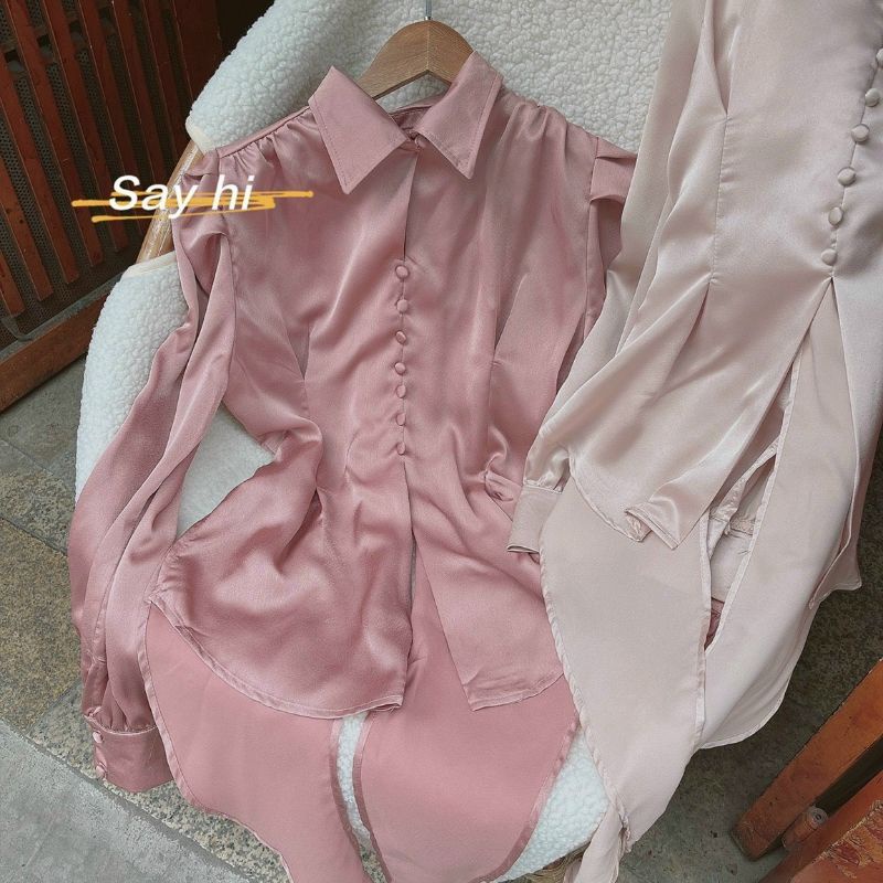 Áo sơ mi lụa nút bọc xẻ tà cột nơ lưng