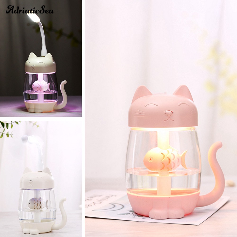 Máy phun sương tạo ẩm siêu âm sạc USB 350ML 3 trong 1 hình mèo có đèn LED và quạt | BigBuy360 - bigbuy360.vn