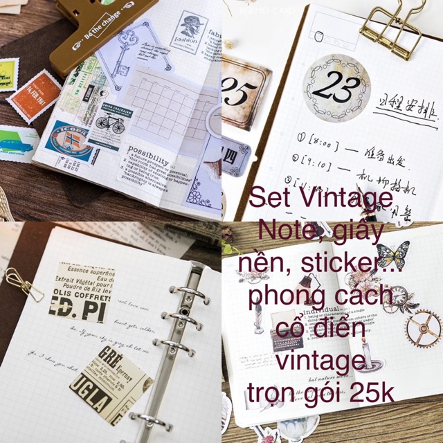 Set note, giấy nền, sticker Vintage trọn bộ làm sổ planner bullet journal