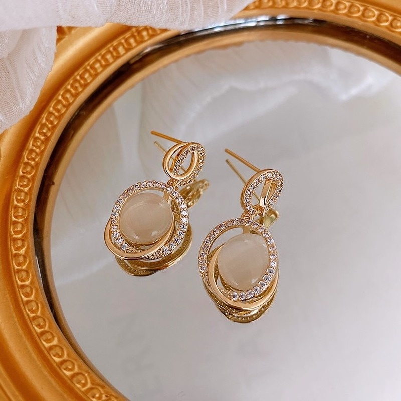 Bông tai đính đá opal nhân tạo phong cách Hong Kong cổ điển