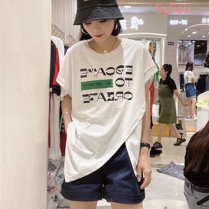 Áo Thun Tay Ngắn In Chữ Thiết Kế Bất Đối Xứng Phong Cách Hàn Quốc Trẻ Trung Cho Nữ