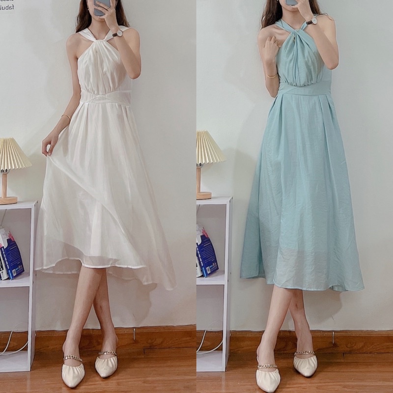 Đầm maxi kiểu yếm tơ nhăn dịu dàng Váy dáng dài  tiểu thư đẹp quyến rũ