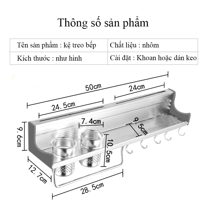 Kệ bếp treo khăn, đựng dao, đũa kèm móc treo chất liệu nhôm chống gỉ (cao cấp)