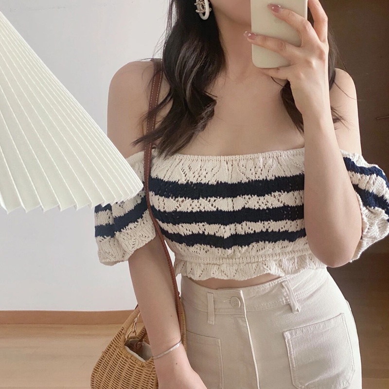 Áo Croptop Dệt Kim Tay Ngắn Cổ Vuông Họa Tiết Kẻ Sọc Trắng Đen Thời Trang Cho Nữ