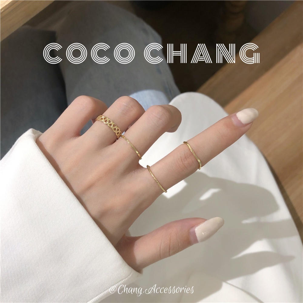 set Nhẫn kiểu nam nữ mạ vàng bạc Hàn Quốc đơn giản lượn sóng bốn mảnh cá tính Cocochang shop