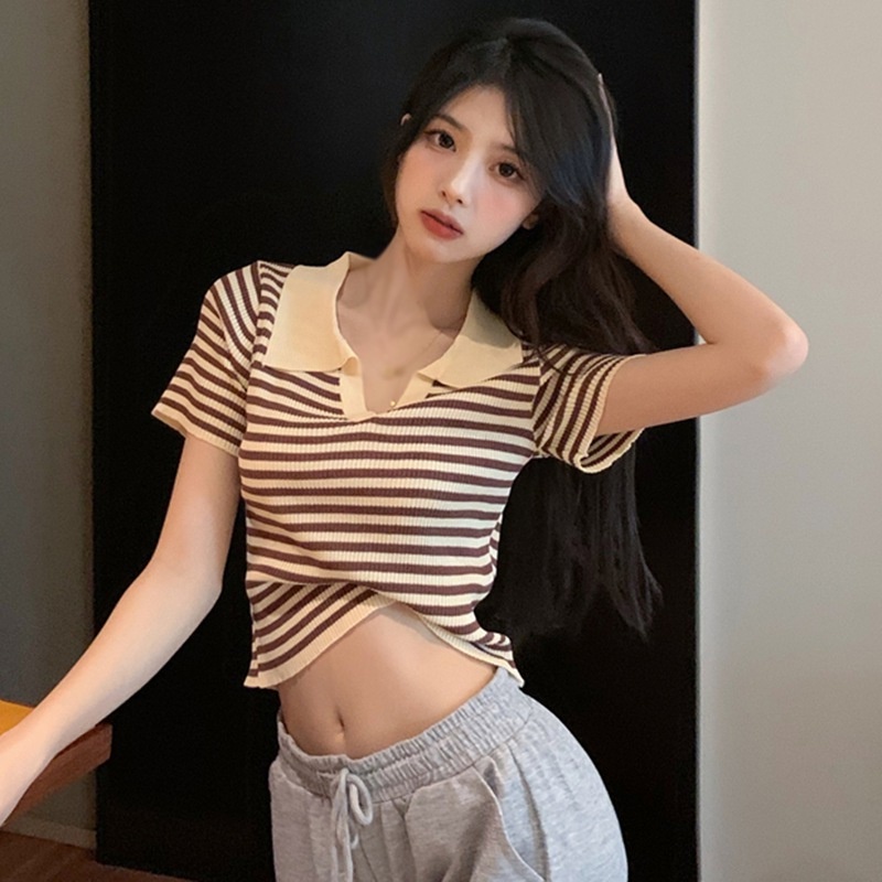 Áo len nữ mỏng có cổ cộc tay thu đông kẻ ngang 3 màu đẹp
