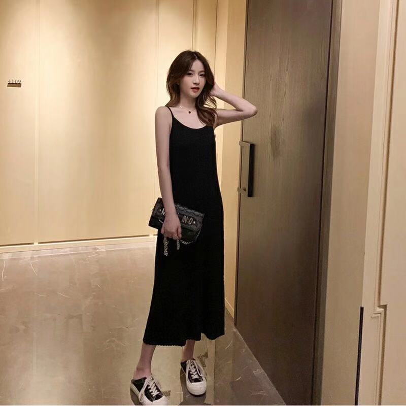Đầm midi hai dây SUXI dệt kim màu trơn dáng ôm thời trang quyến rũ